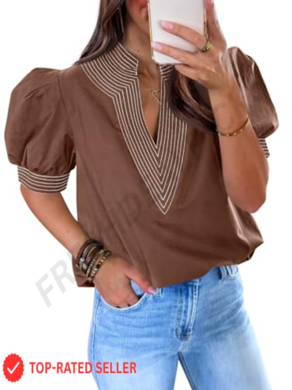 Womens Puff Sleeve Blouse V Neck Loose Fit Dressy Casual Top